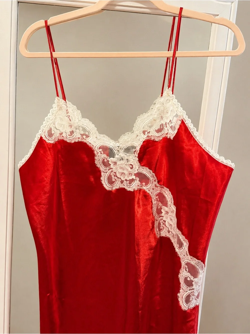 Vintage Undercover Wear Red Satin Lace Slip Nightgown Size Large